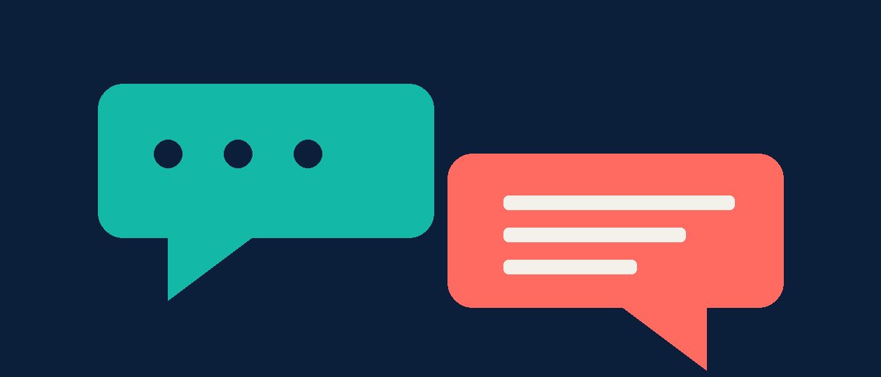 Abstract flat illustration in teal, navy and coral representing a job interview conversation