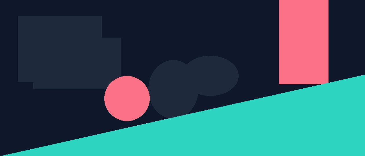 Abstract flat illustration in teal, navy and coral with geometric mobile and balance shapes