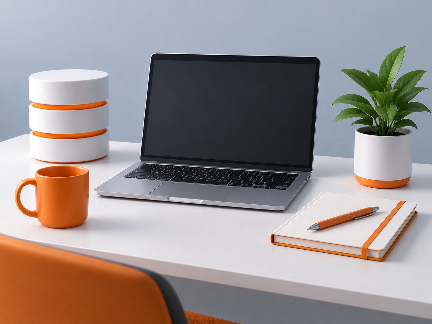 Illustration of a desk with a database cylinder, laptop, notebook and plant, representing SQL interview preparation