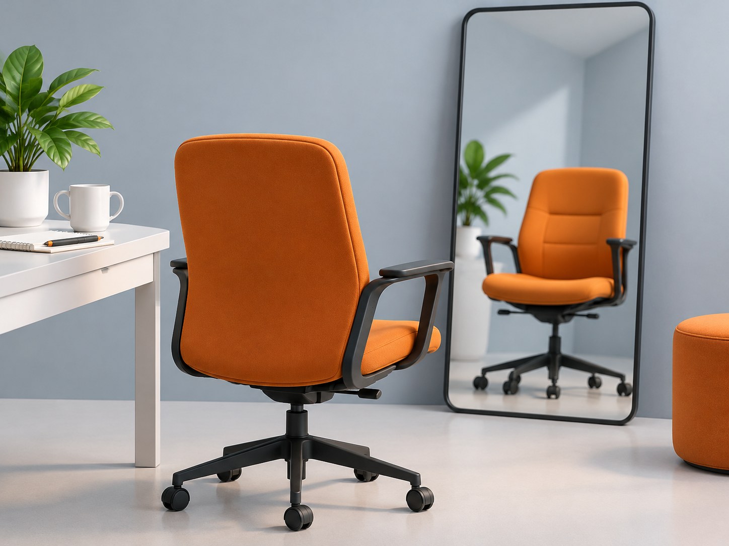 Illustration of a chair in front of a standing mirror with a notebook, representing interview body language