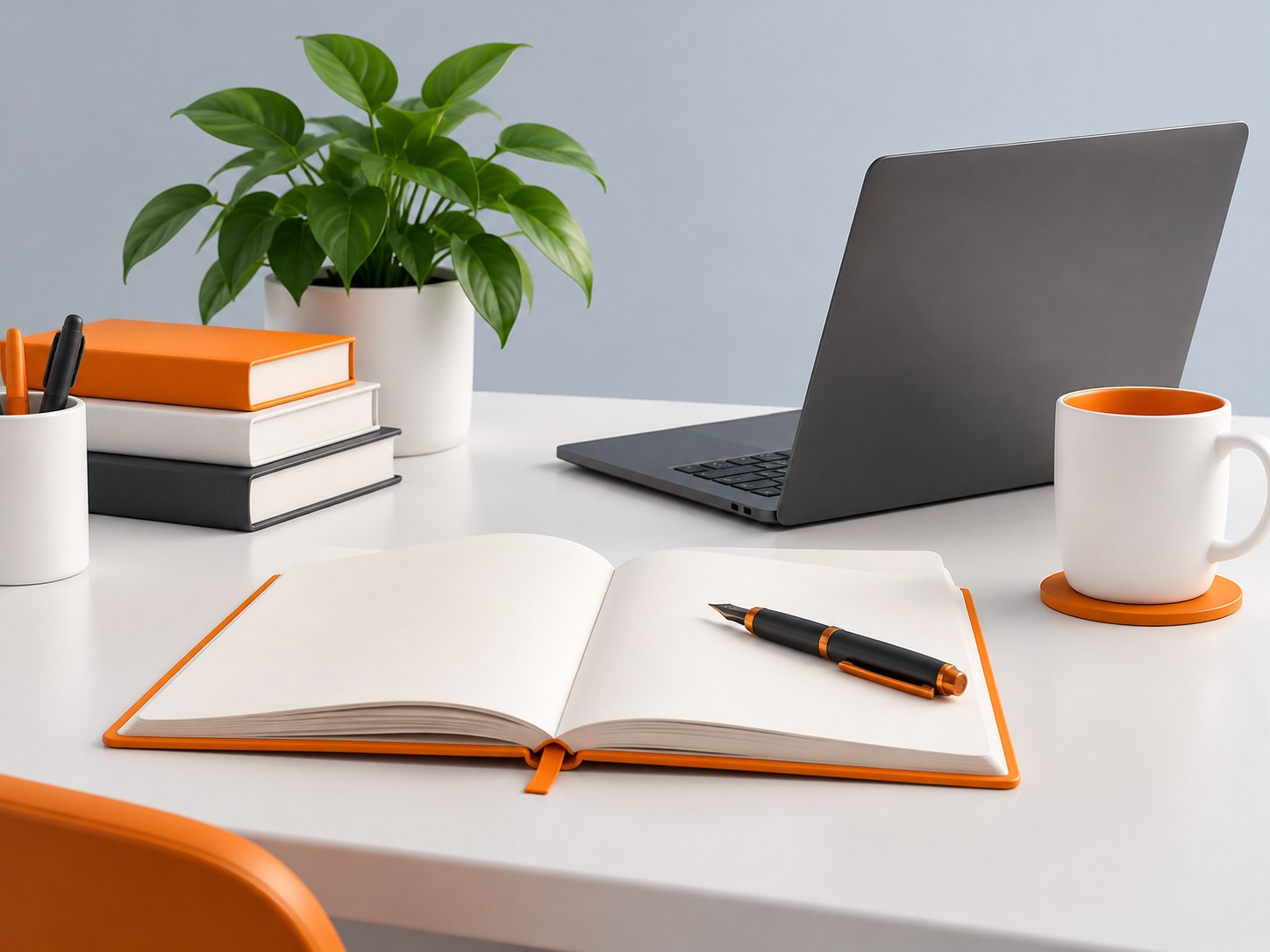 Illustration of a desk with an open notebook, fountain pen, books and a laptop, representing a content writer resume