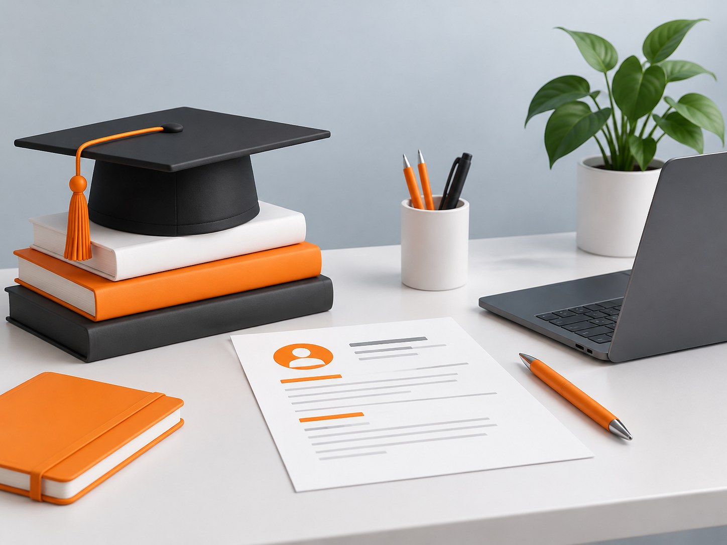 Illustration of a graduation cap on a stack of books with a resume sheet and laptop, representing a BBA fresher resume