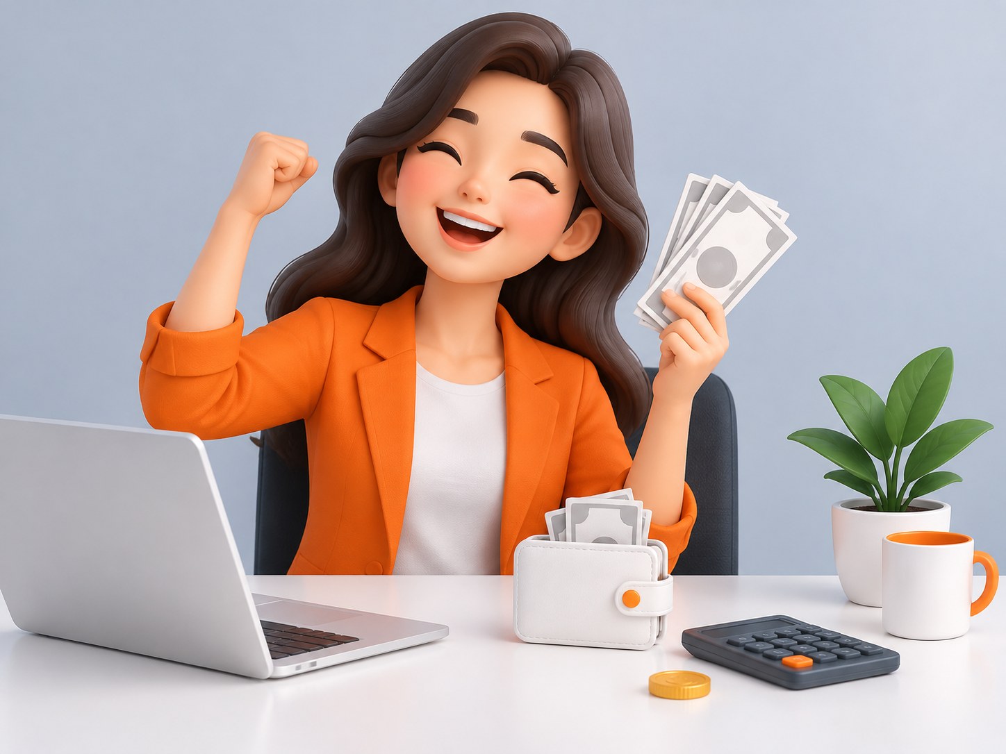 Illustration of a desk with a wallet, blank banknotes, a calculator and a gold coin, representing a first salary