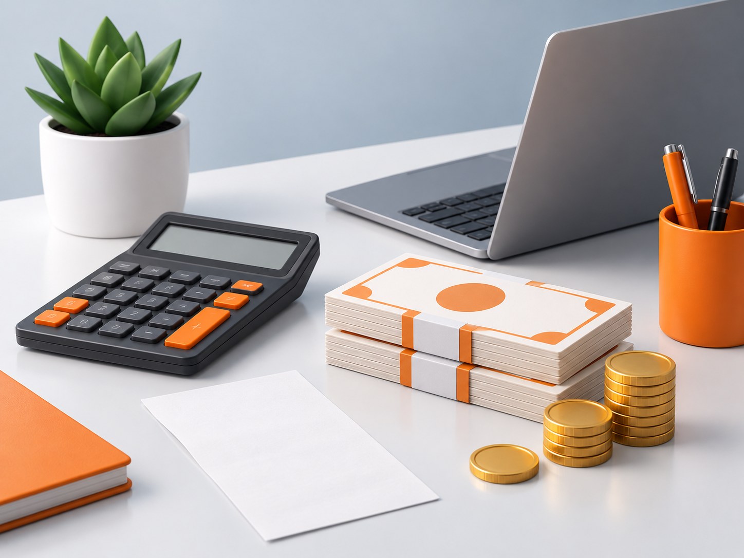 Illustration of a desk with a calculator, stacks of banknotes, gold coins and a laptop, representing monthly take-home salary