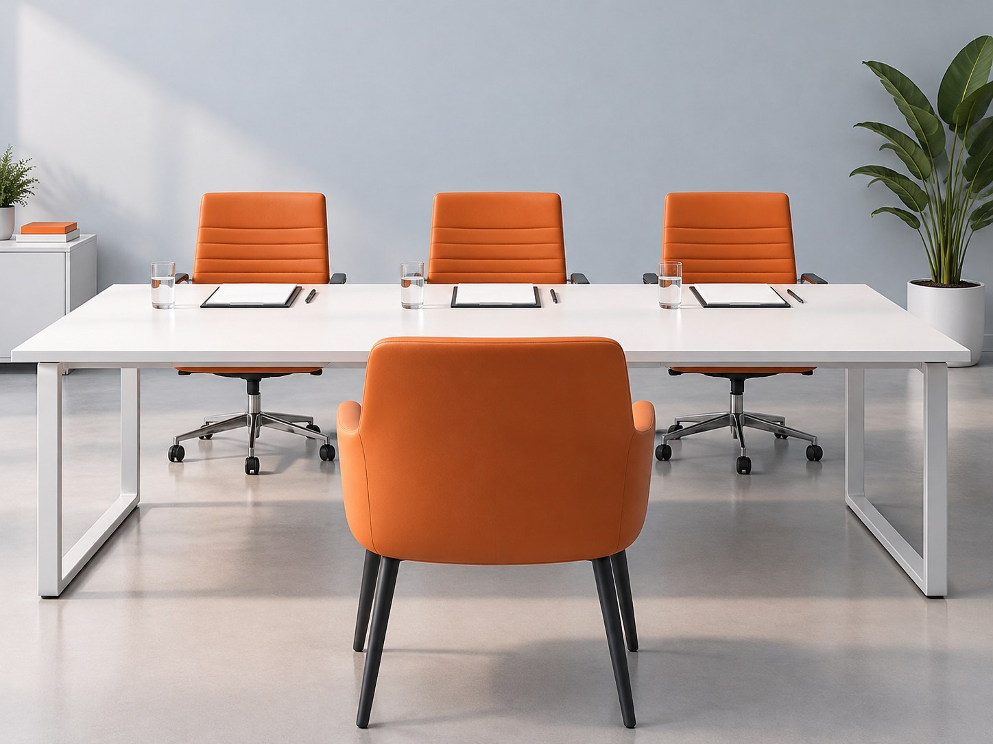 Illustration of a conference table with three chairs on one side and one chair opposite, representing a panel interview