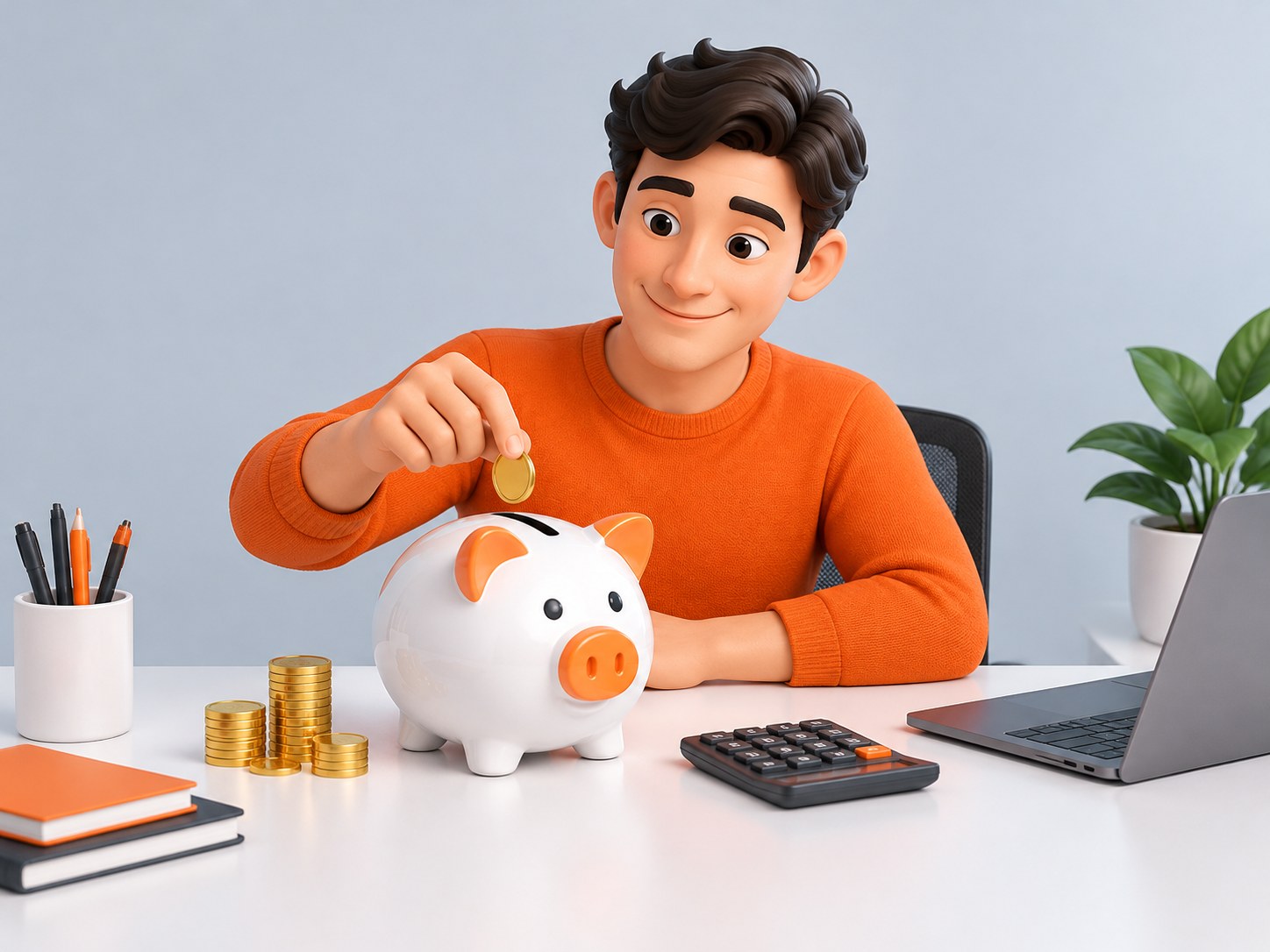 Illustration of a desk with a piggy bank, calculator, gold coins and a laptop, representing in-hand salary