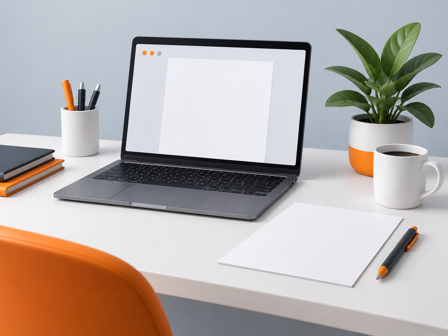 Illustration of a laptop with a blank document, resume sheet and pen on a desk, representing a resume builder