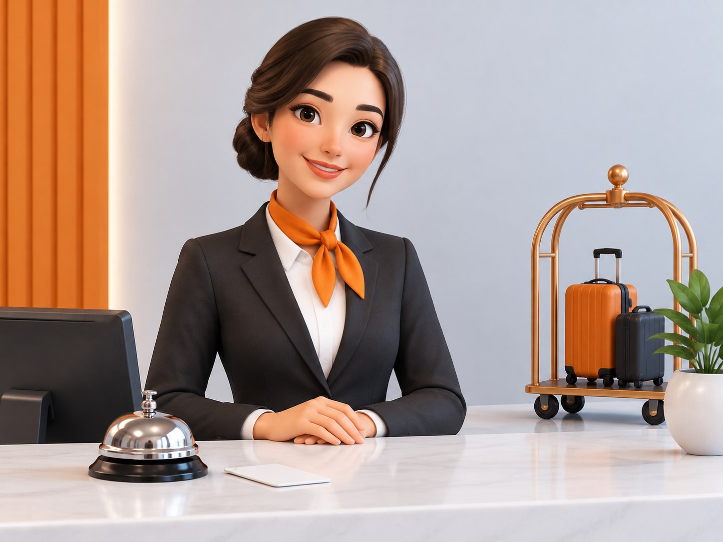 Illustration of a hotel reception bell, key card and miniature luggage cart on a desk, representing a hotel management resume