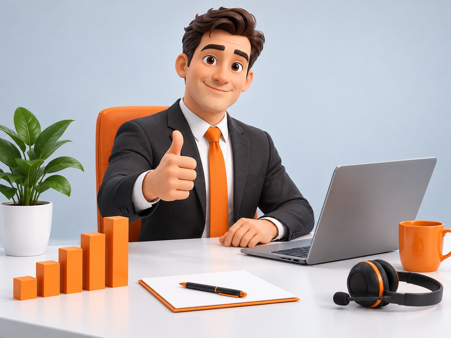Illustration of a desk with ascending orange bar chart blocks, a headset and a laptop, representing a sales manager resume