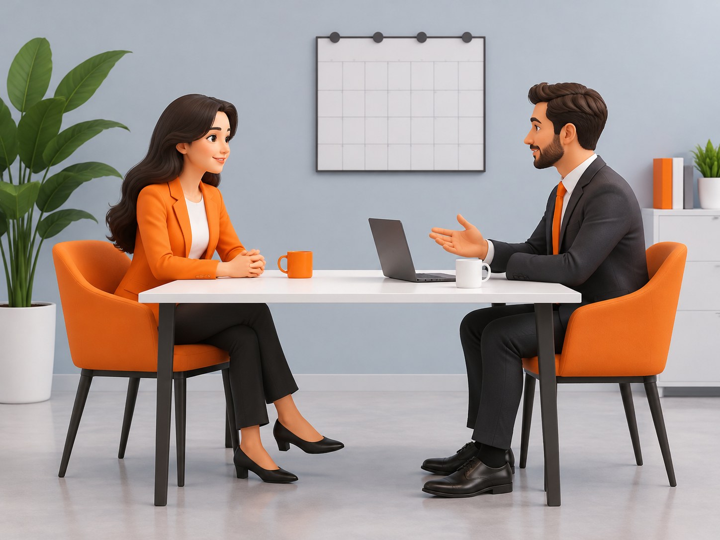 Illustration of two chairs facing each other with a blank wall calendar and coffee mugs, representing a second interview