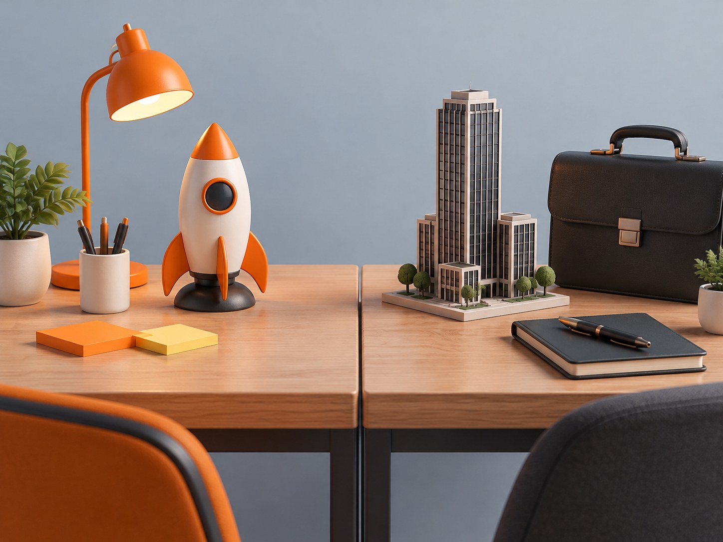 Illustration of a desk split into two halves with a small rocket figurine and sticky notes on one side and a miniature office tower and briefcase on the other