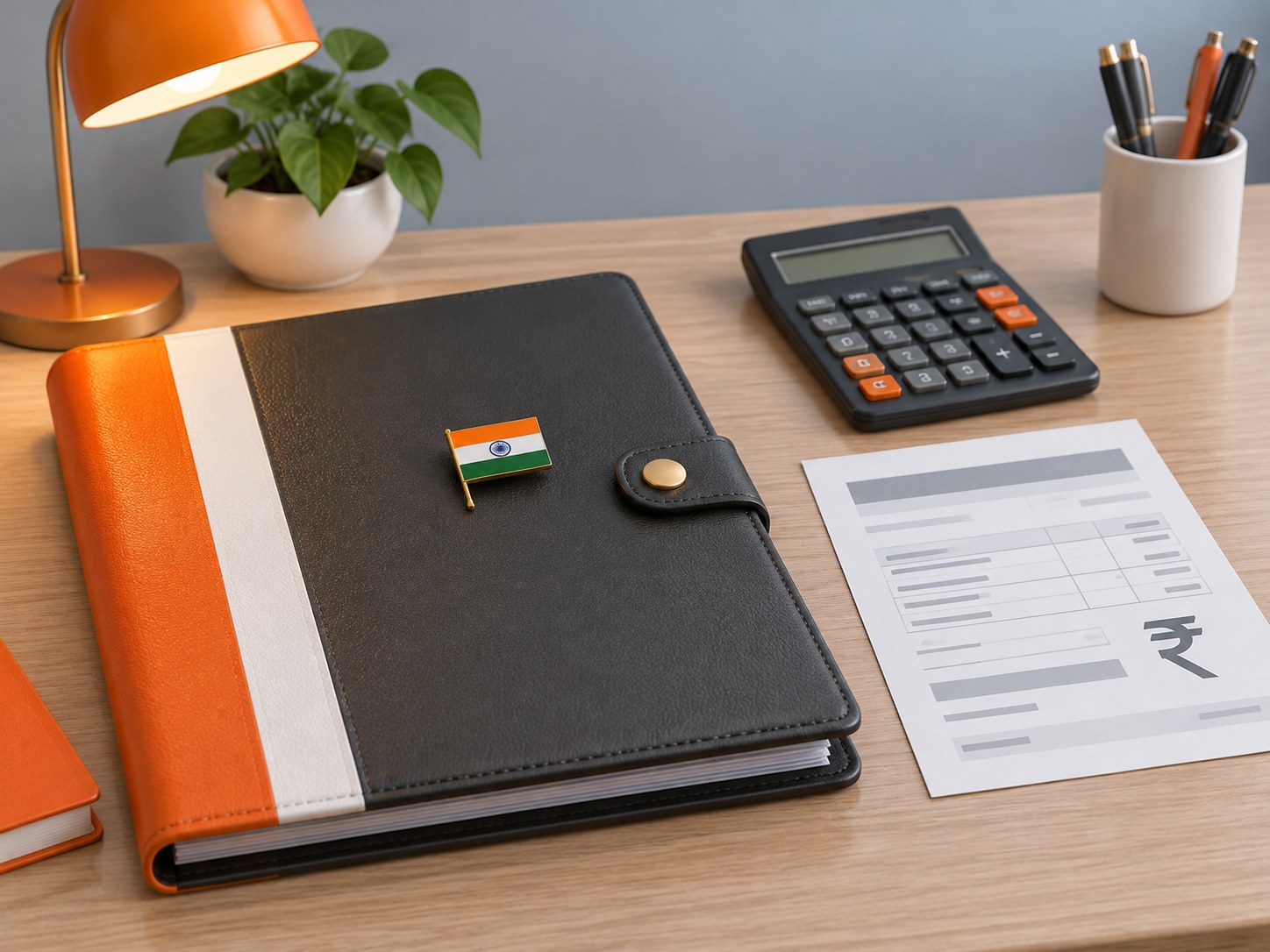 Illustration of a desk with an official document folder, an Indian flag pin, a calculator and a salary slip
