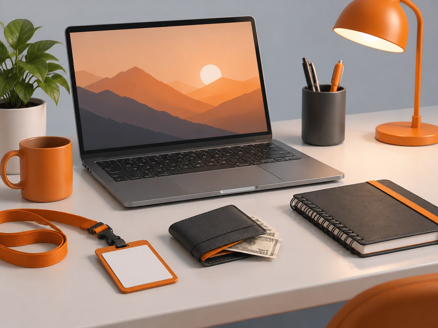 Illustration of a desk with a laptop, an ID badge lanyard, a small wallet with rupee notes and a notebook