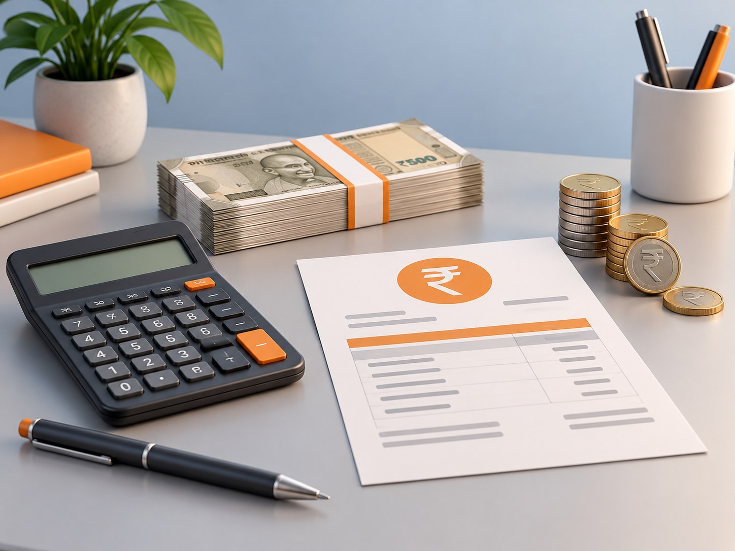 Illustration of a desk with a calculator, a neat stack of rupee banknotes, coins and a salary slip