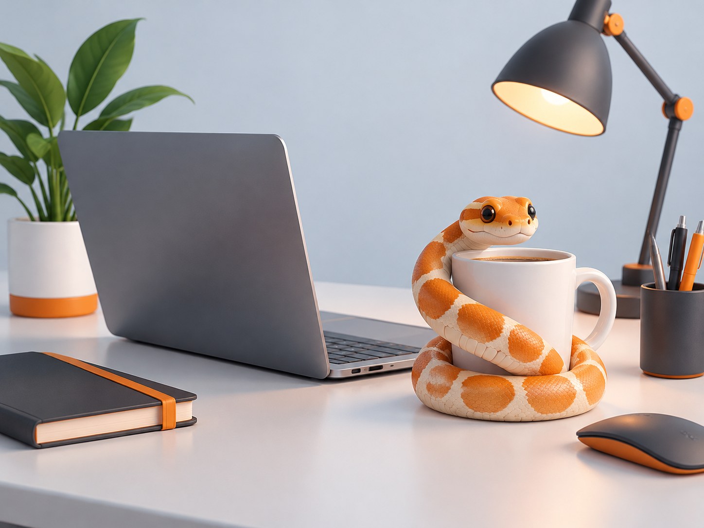 Illustration of a desk with a laptop and a small snake figurine around a coffee mug, representing a Python interview