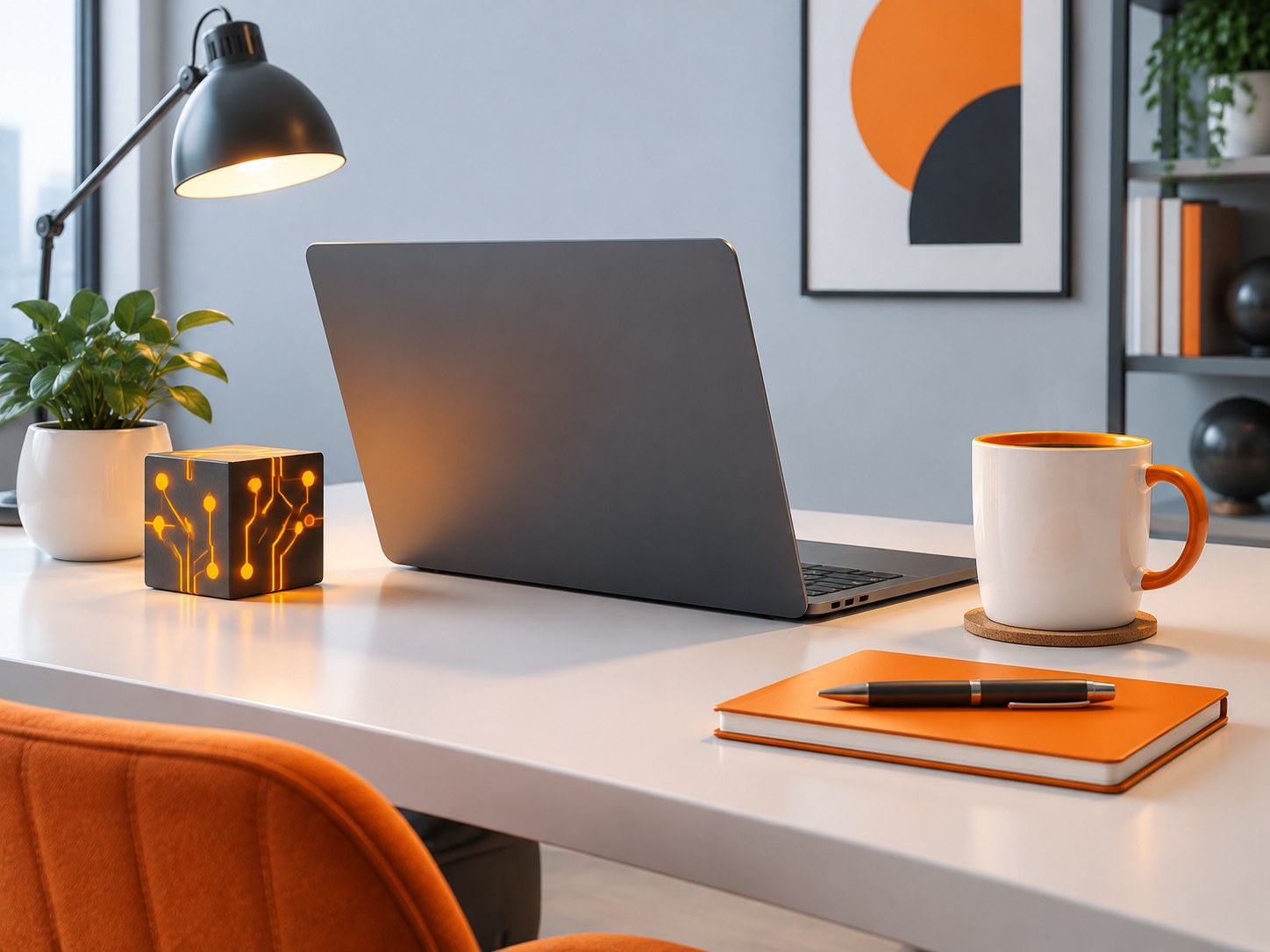 Illustration of a desk with a laptop, coffee mug and a glowing circuit-pattern cube, representing professionals learning AI skills