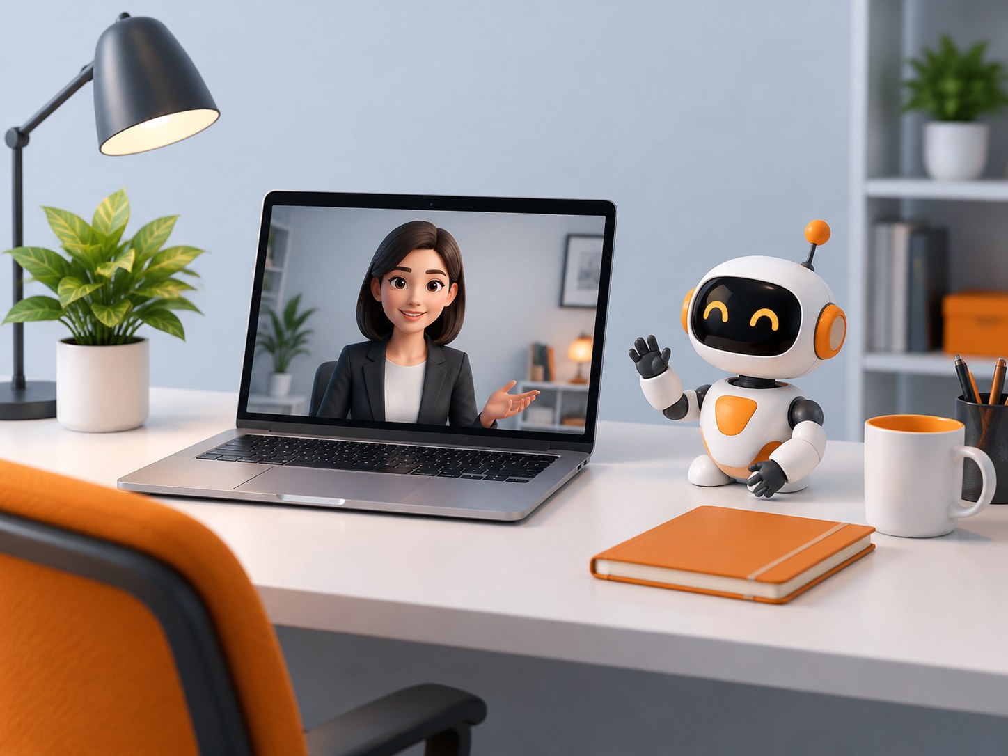Illustration of a desk with a laptop and a small friendly robot figurine, representing AI interview preparation