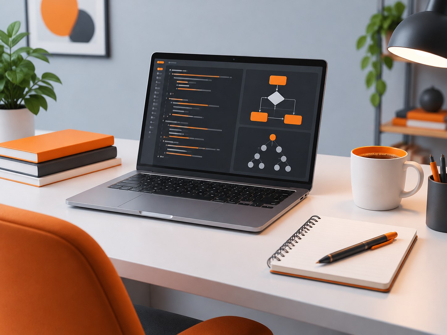 Illustration of a desk with a laptop, notepad and coffee cup, representing HCLTech interview preparation
