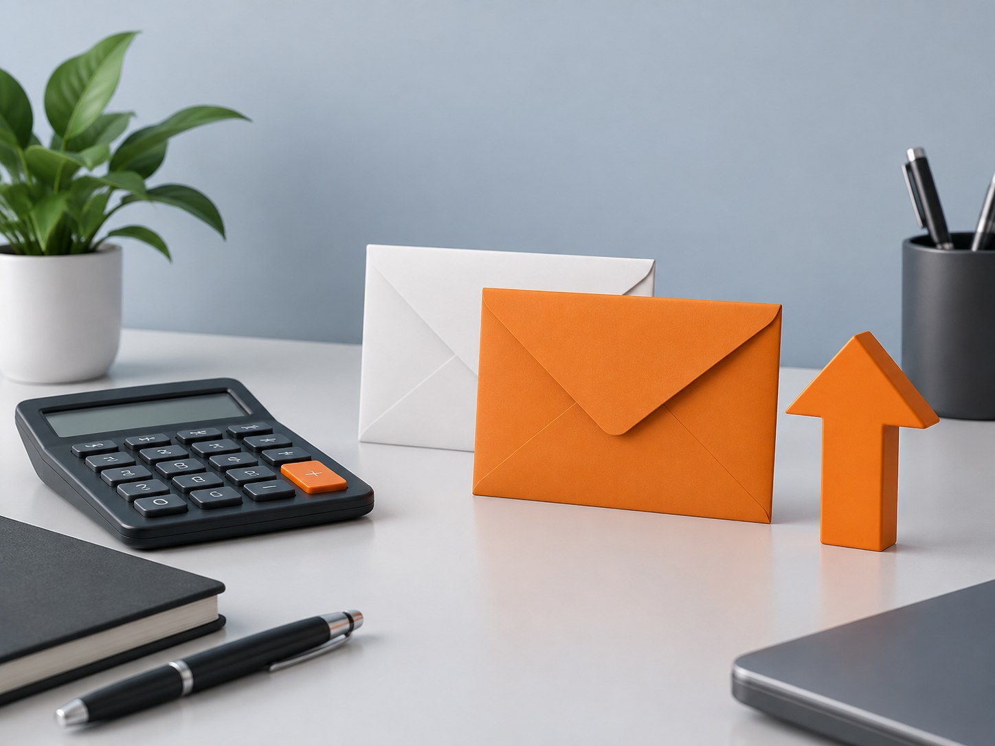 Illustration of a desk with a calculator, two envelopes and an upward arrow figurine, representing a salary hike on a job change