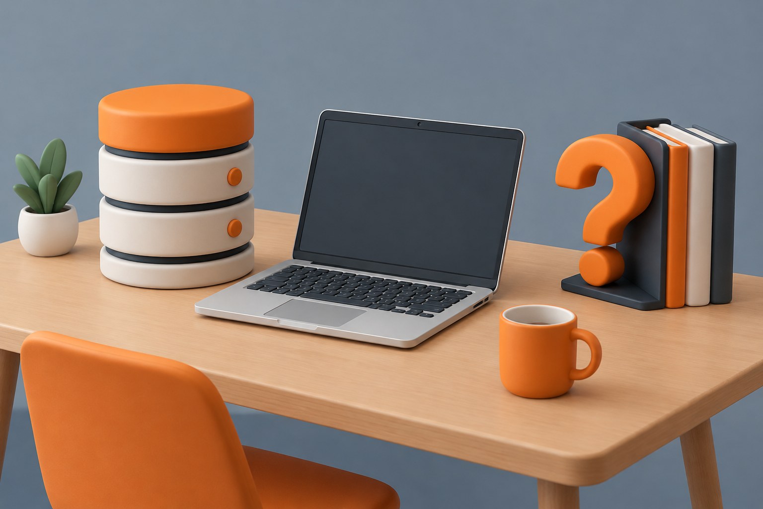 Illustration of a desk with a database cylinder, a laptop and a question-mark bookend, representing DBMS interview questions