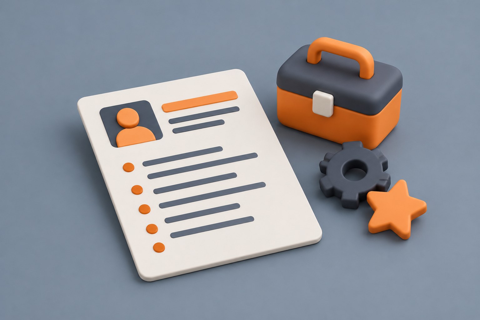 Illustration of a desk with a resume sheet, a small toolbox and star badges, representing skills to put on a resume
