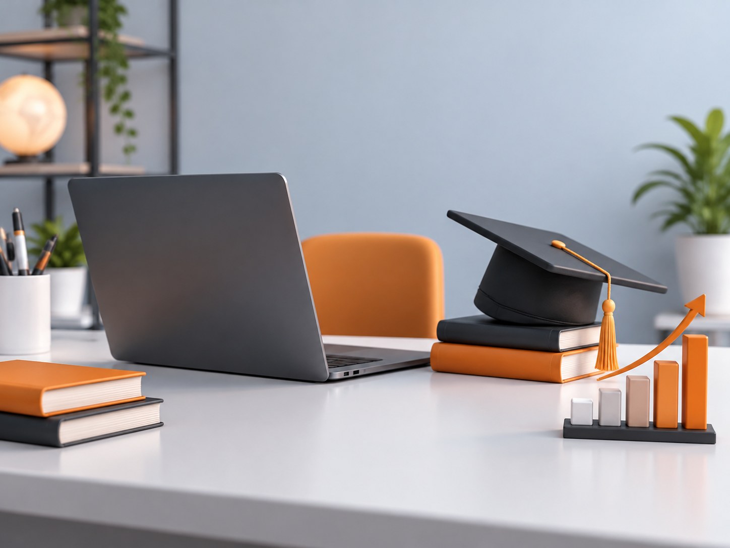 Illustration of a desk with a laptop, tilted graduation cap and a rising bar-graph figurine, representing placement with a low CGPA