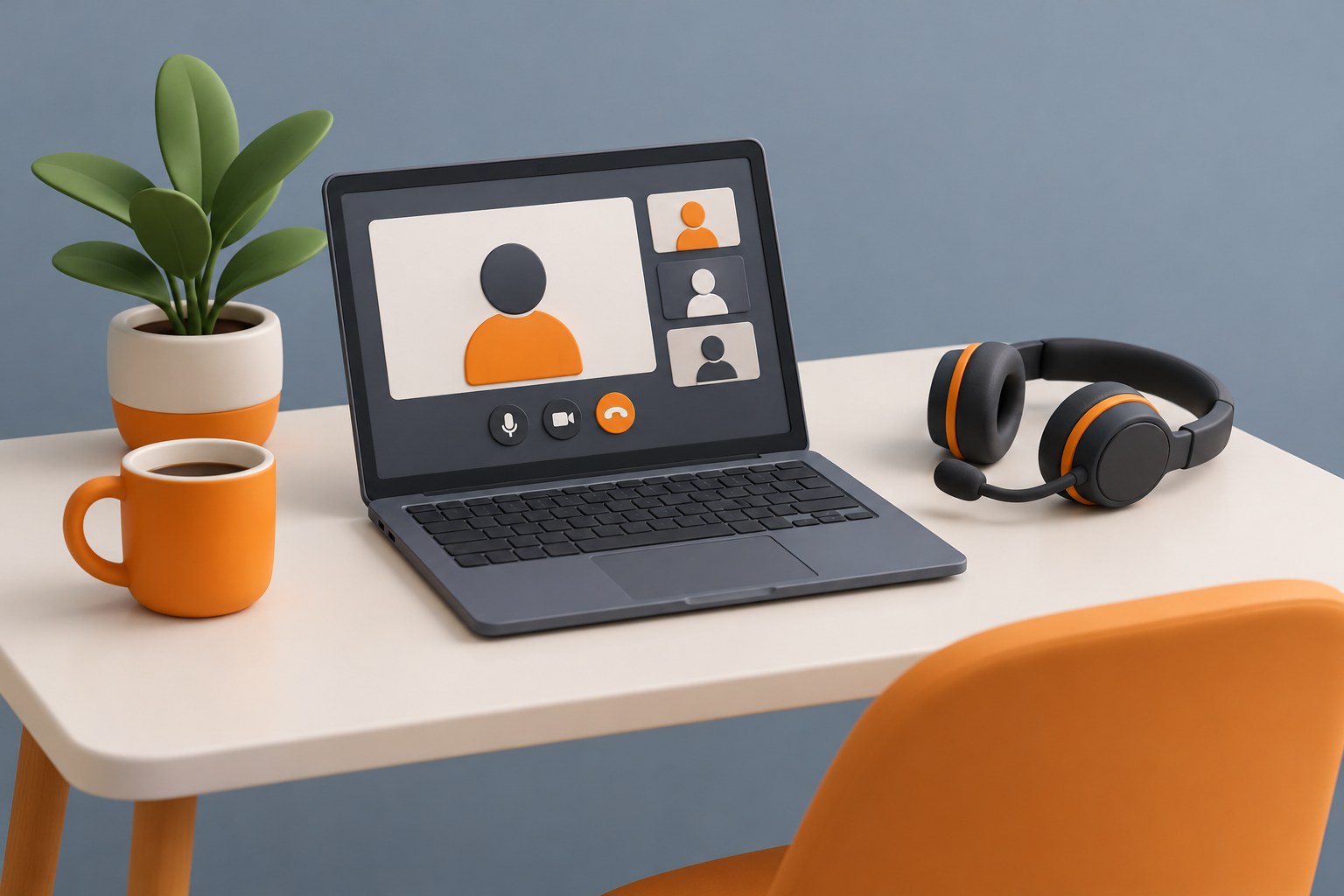 Illustration of a desk with a laptop with a headset, a coffee mug and a desk plant, representing a virtual internship from home