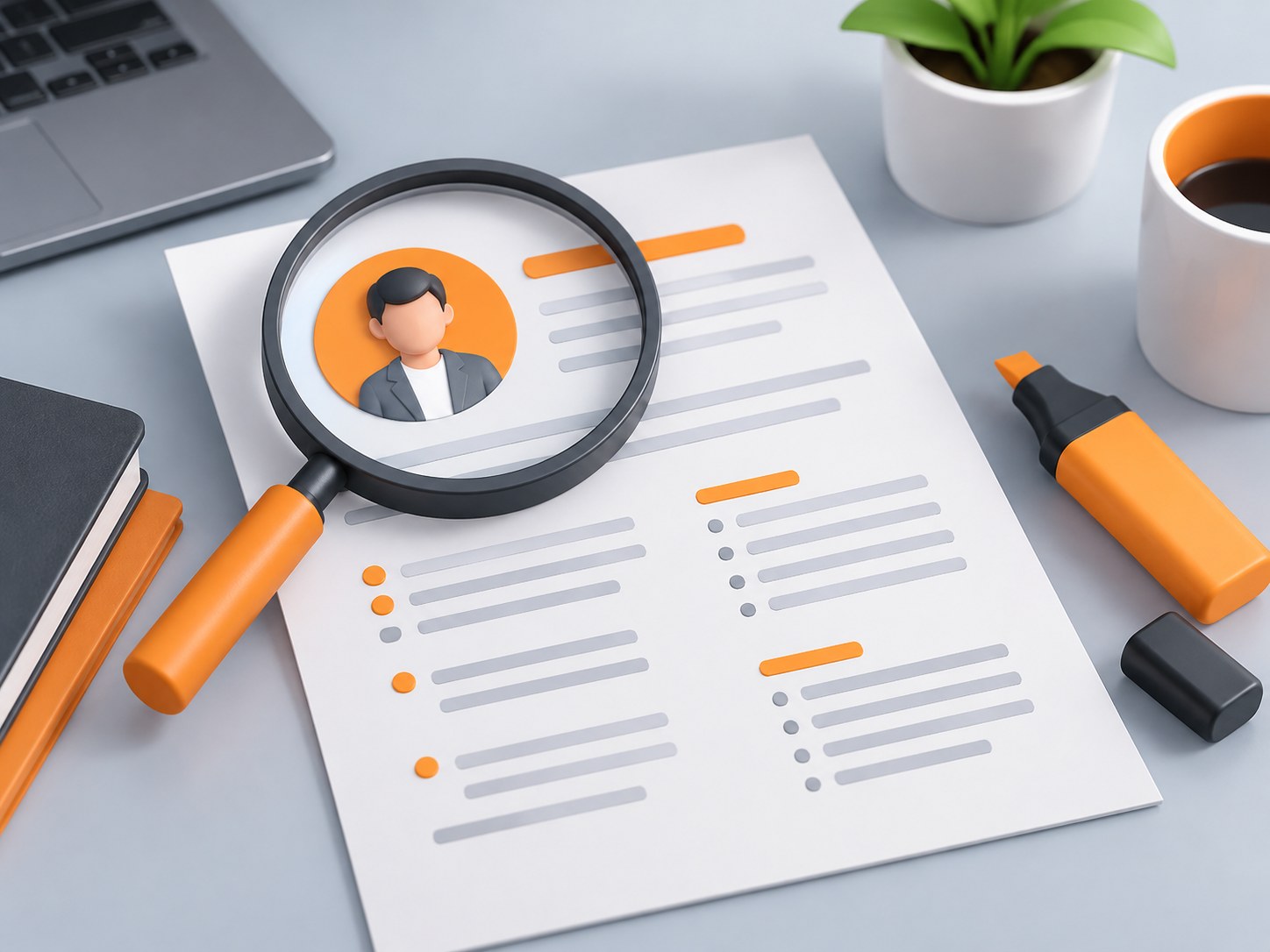 Illustration of a desk with a resume sheet under a magnifying glass and a highlighter pen, representing resume keywords