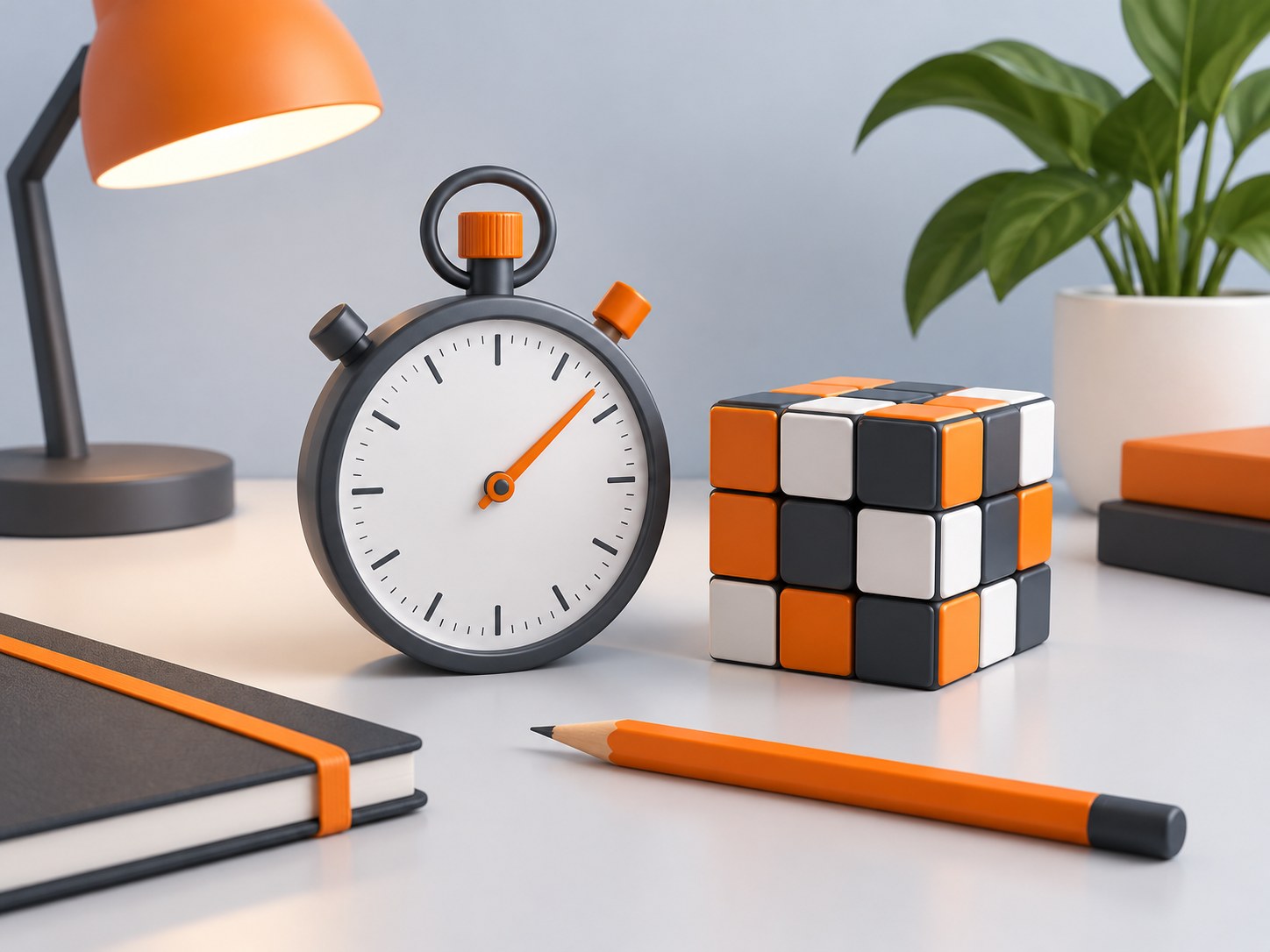 Illustration of a desk with a stopwatch, a pencil and a puzzle cube, representing aptitude test preparation