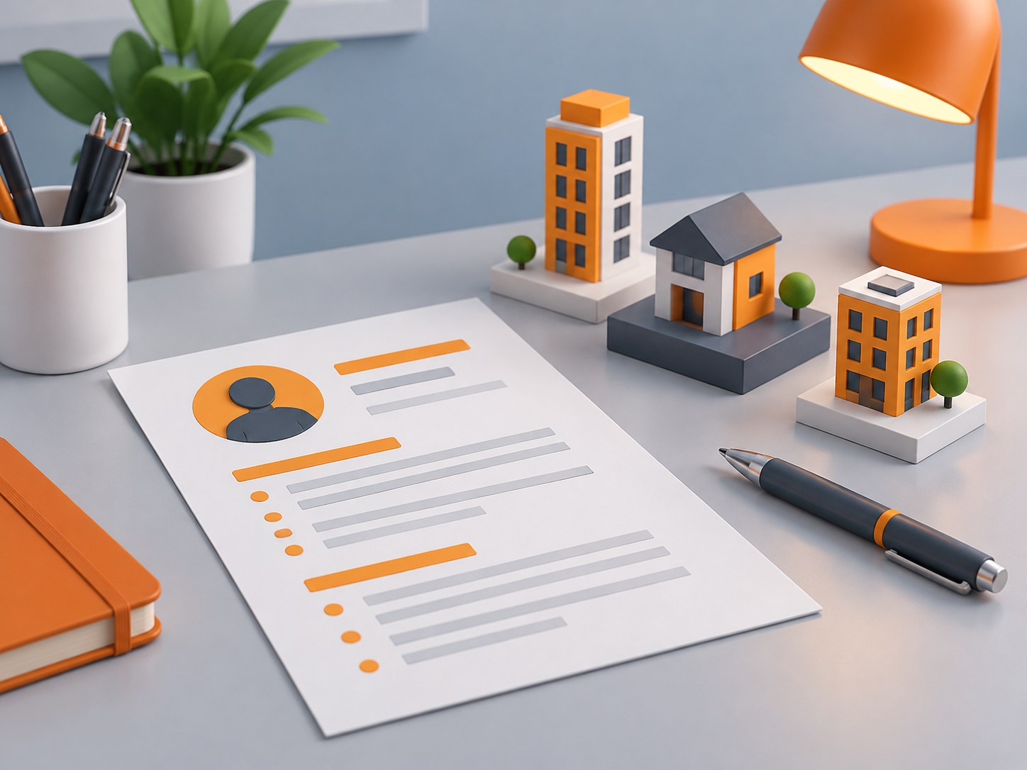 Illustration of a desk with a resume sheet and small building-block models of tiny structures, representing a resume projects section