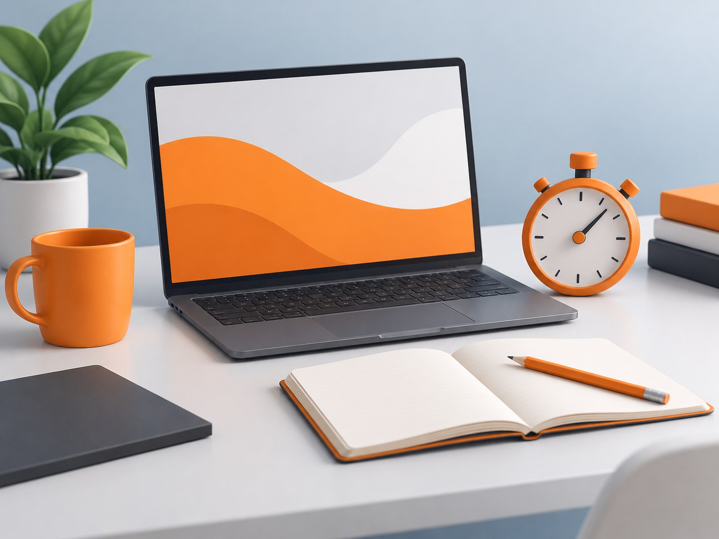 Illustration of a desk with a laptop, a stopwatch and an open notebook with a pencil, representing TCS NQT preparation
