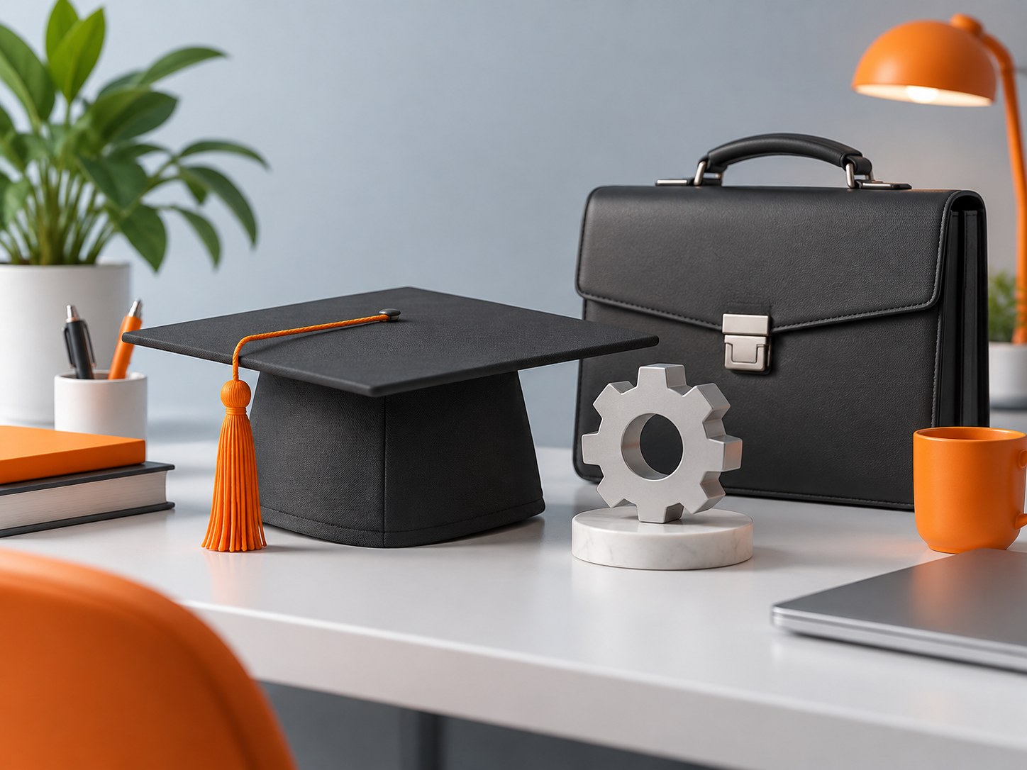 Illustration of a desk with a graduation cap, a gear-shaped paperweight and a briefcase, representing an MBA after engineering