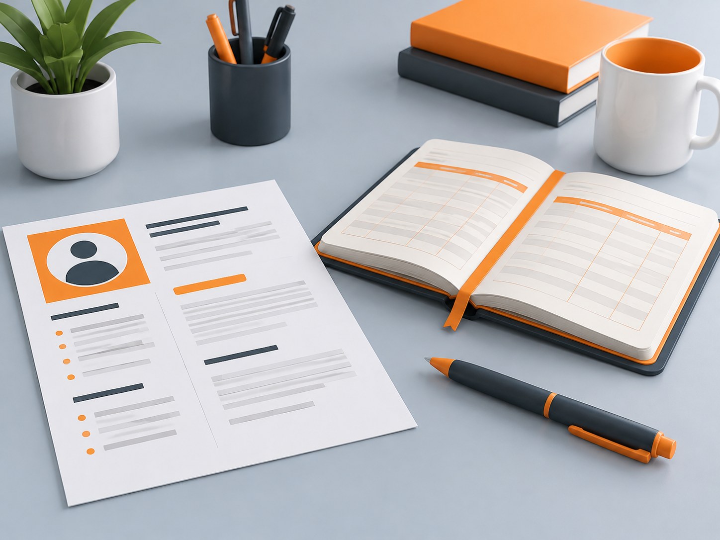 Illustration of a desk with a resume sheet, an open ledger book and a pen, representing a finance fresher resume