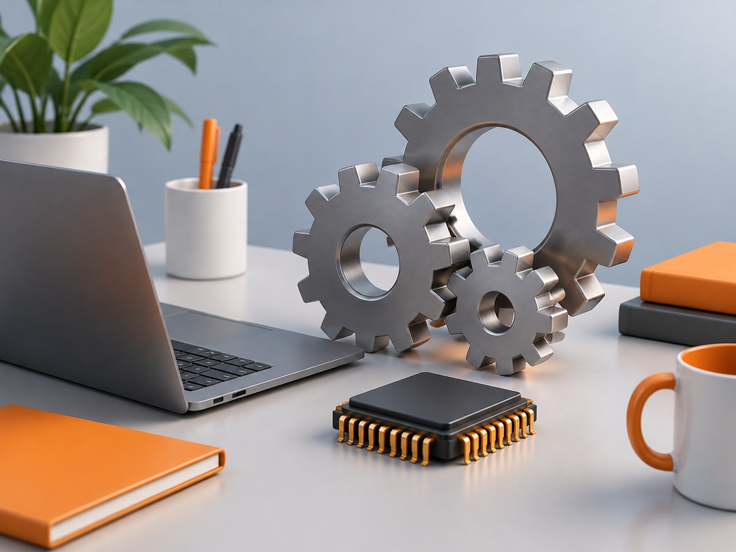 Illustration of a desk with a laptop, interlocking metal gears and a memory-chip prop, representing operating system interview questions