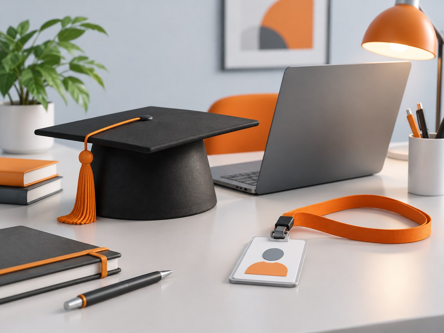 Illustration of a desk with a graduation cap, a laptop and an employee ID badge on a lanyard, representing Wipro Elite Nlth