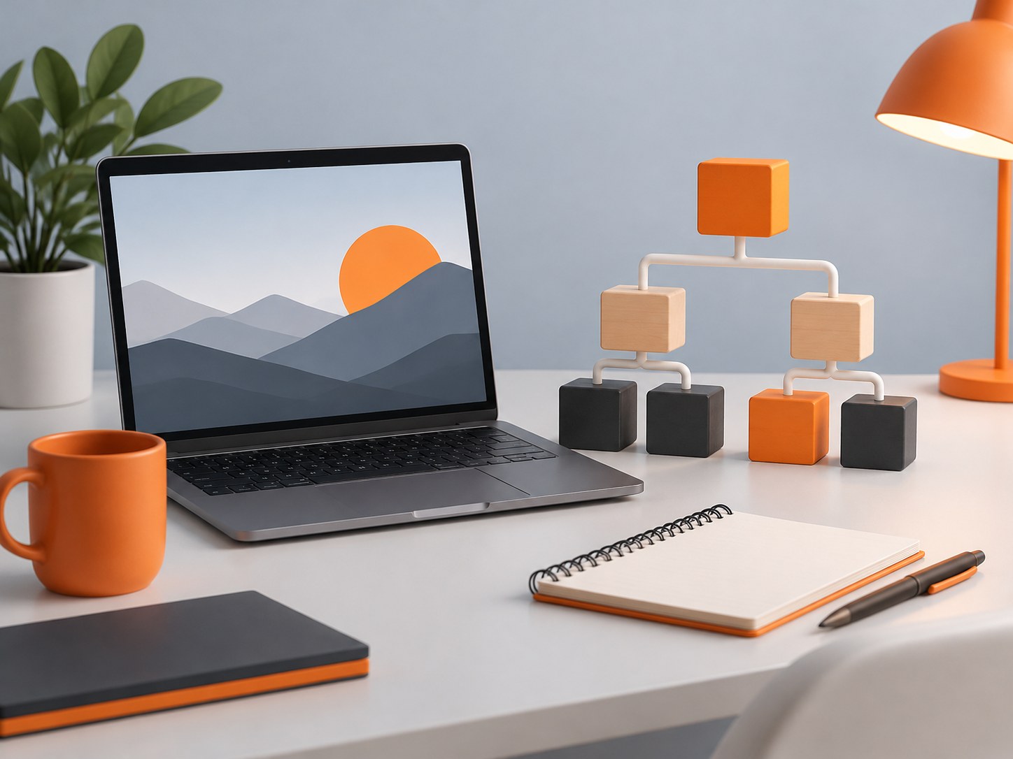 Illustration of a desk with a laptop, wooden blocks arranged like a branching flowchart and a notebook, representing DSA for placements