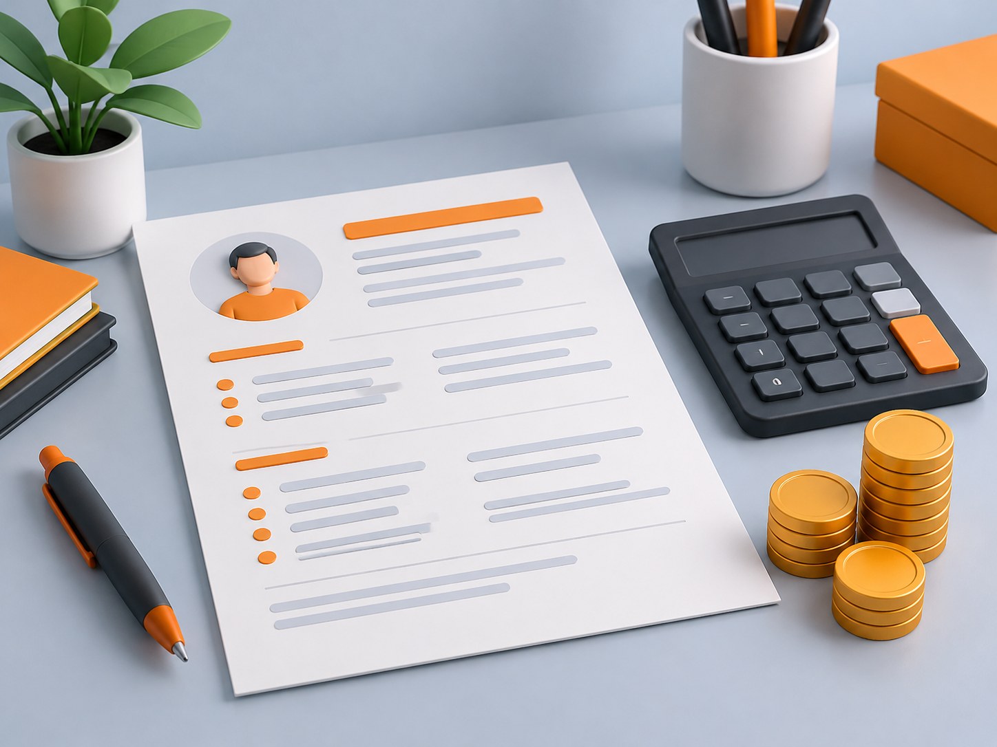 Illustration of a desk with a resume sheet, a calculator and a small stack of coins, representing a BCom fresher resume