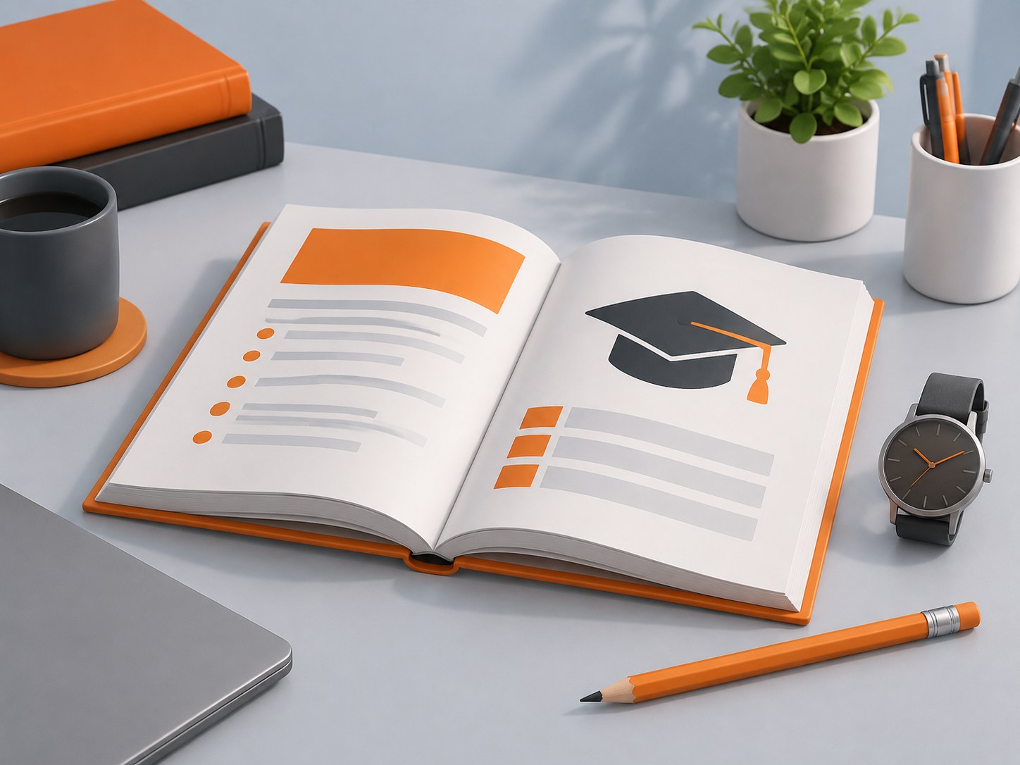 Illustration of a desk with an open exam syllabus booklet, a pencil and a wristwatch, representing the SSC MTS syllabus