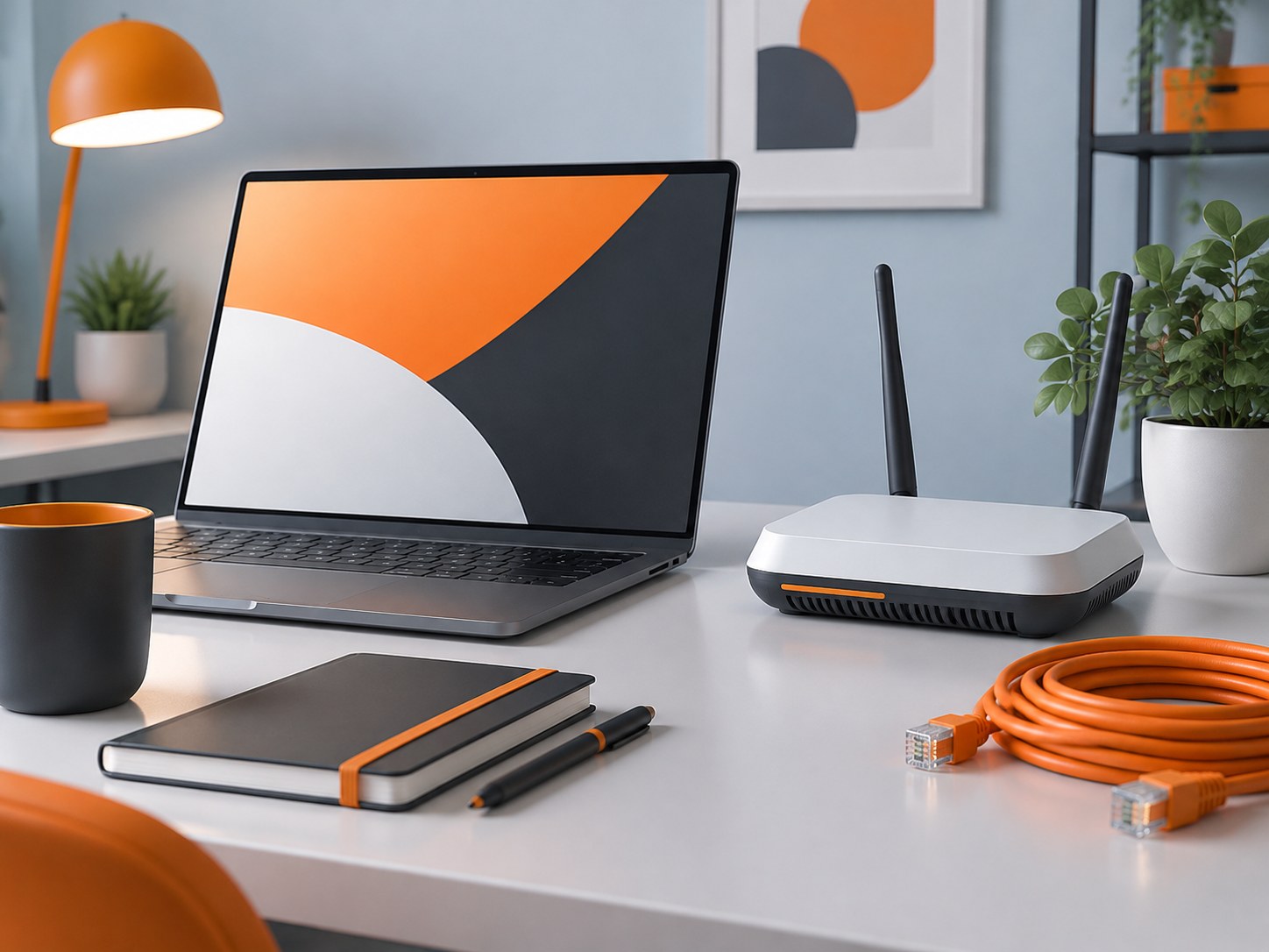 Illustration of a desk with a laptop, a small router with antennae and coiled network cables, representing computer networks interview questions