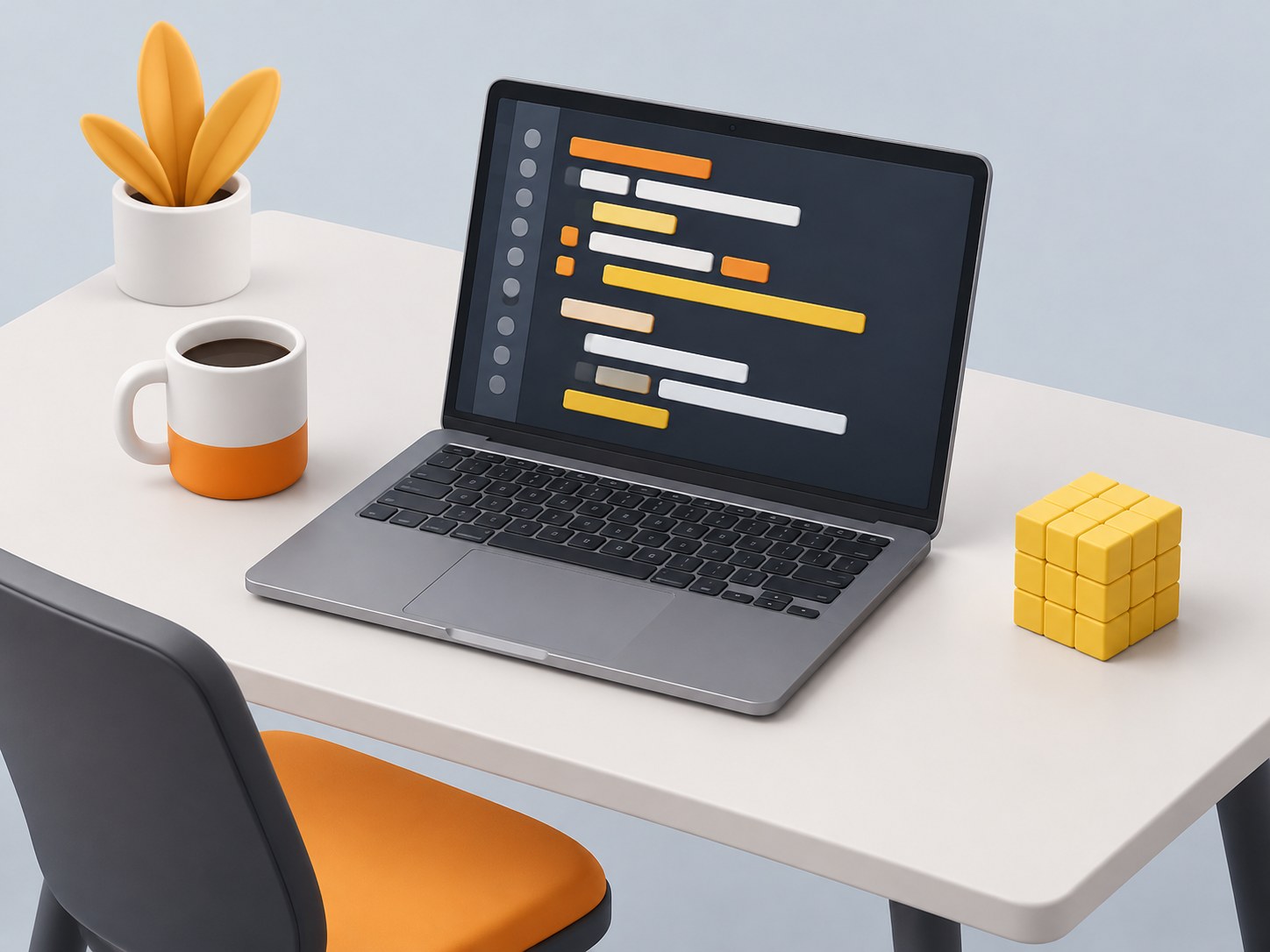 Illustration of a desk with a laptop showing abstract code blocks, a coffee mug and a cube puzzle, representing JavaScript interview questions