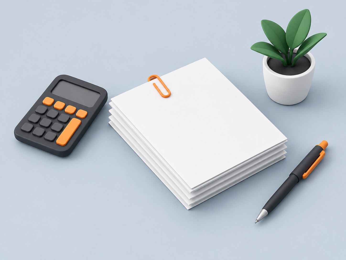 Illustration of a desk with a calculator, a stack of paper forms, a pen and a small plant, representing filing income tax returns for salaried employees