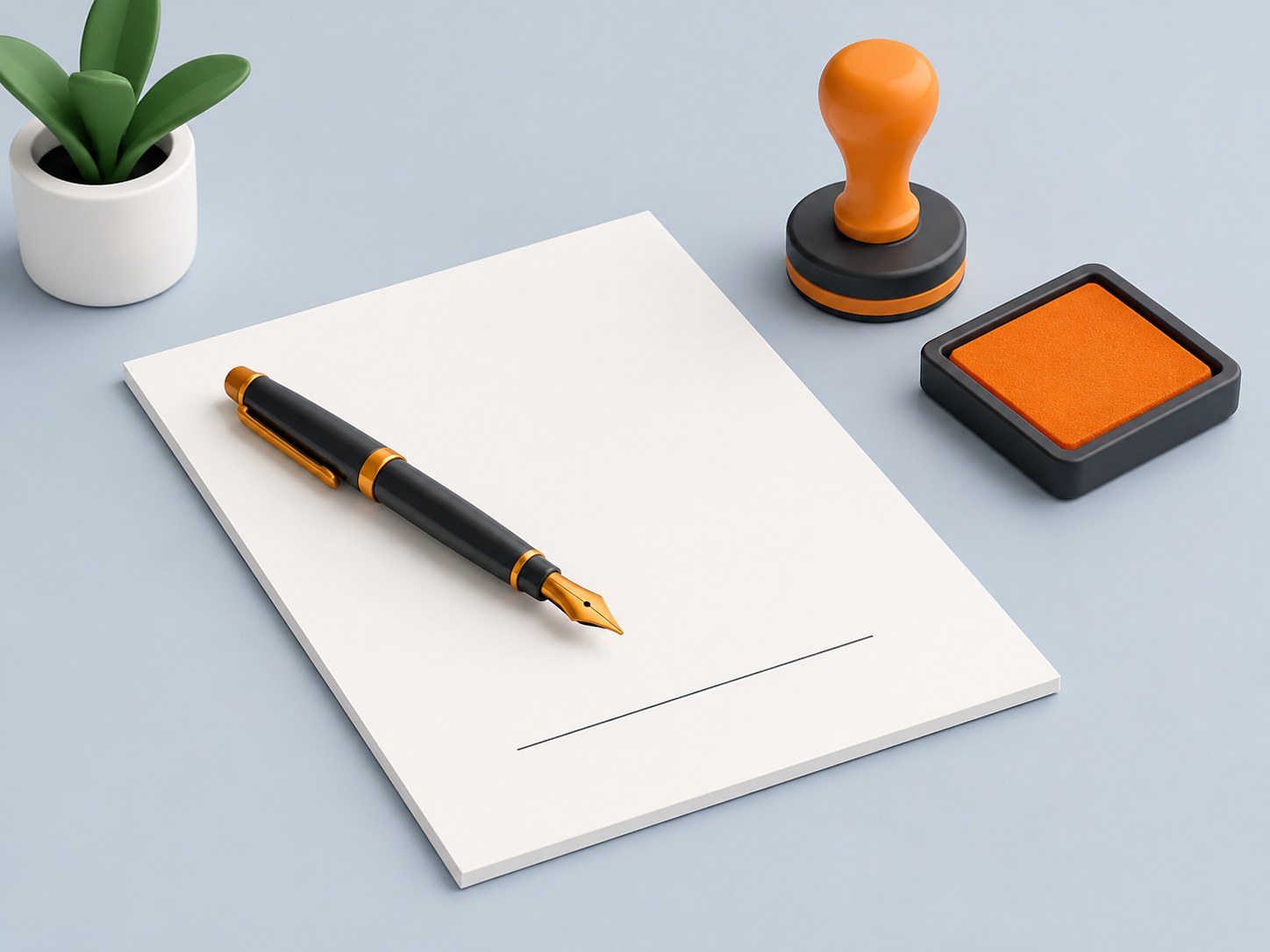 Illustration of a desk with a fountain pen on a blank document, a rubber stamp and an ink pad, representing a declaration in a resume
