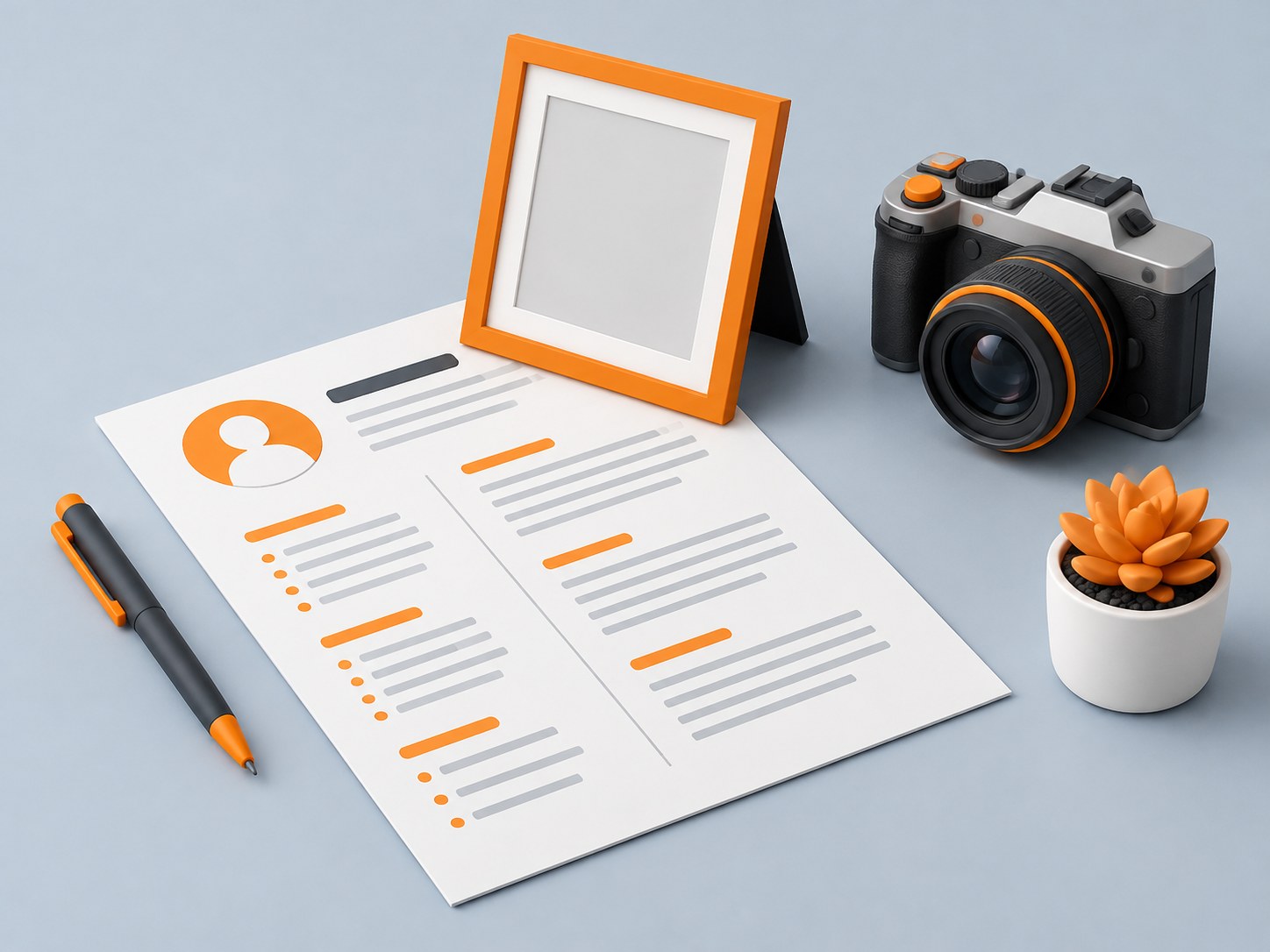 3D illustration of a resume sheet with an empty picture frame and a camera