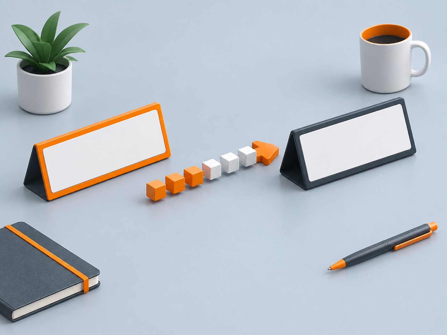 3D illustration of two desk nameplates with an arrow of blocks between them