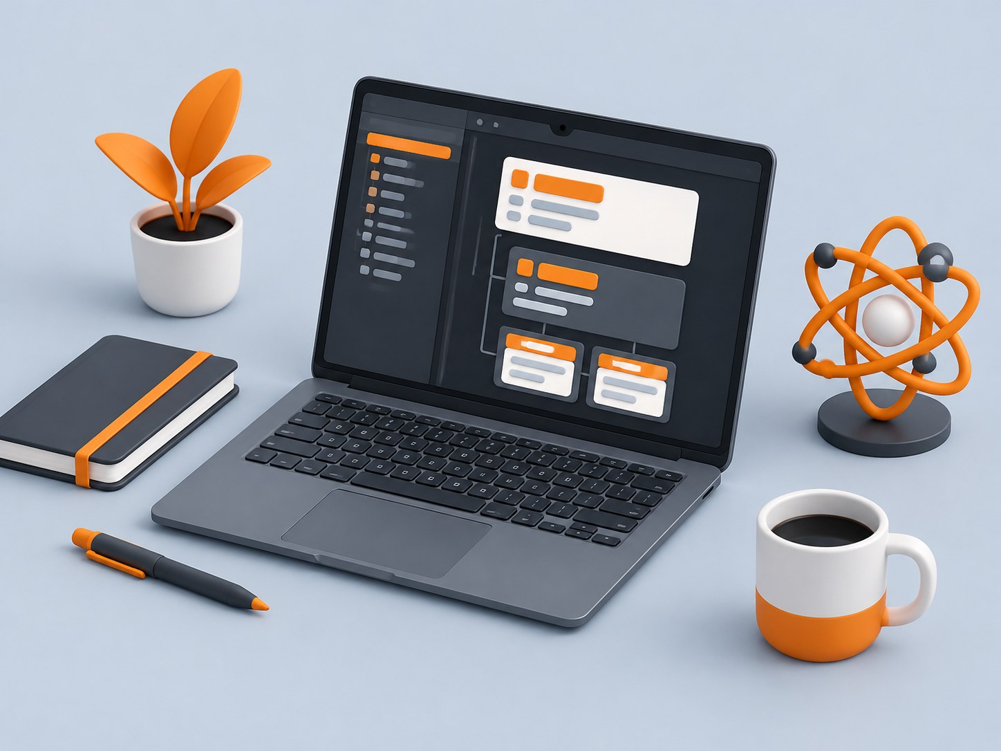 3D illustration of a laptop with component blocks and an atom shaped prop