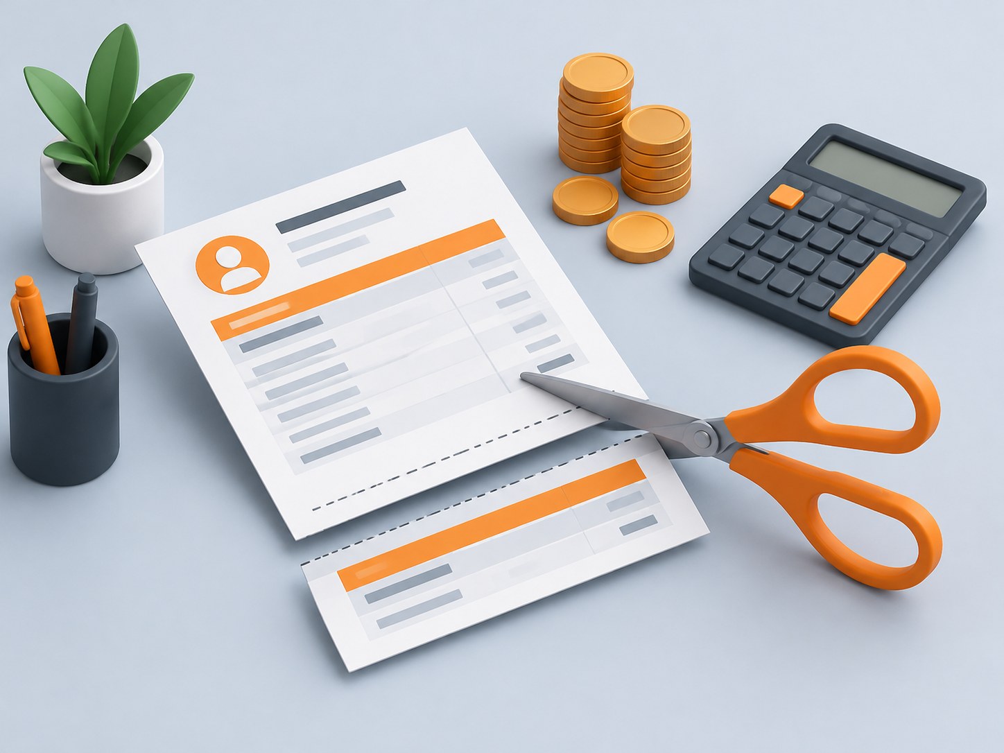 3D illustration of a salary slip with scissors cutting a strip, coins and a calculator