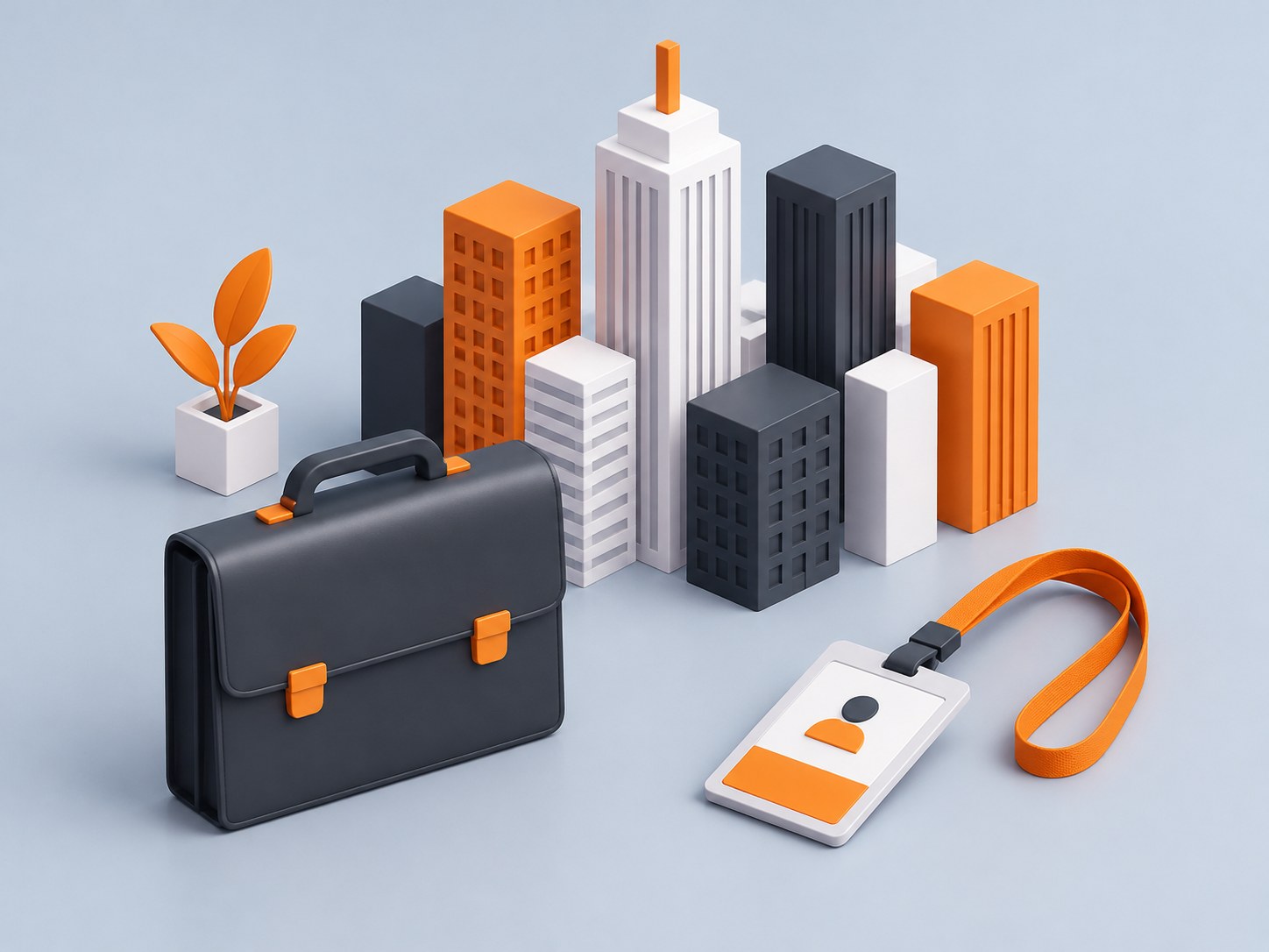 3D illustration of city blocks with a briefcase and an id card
