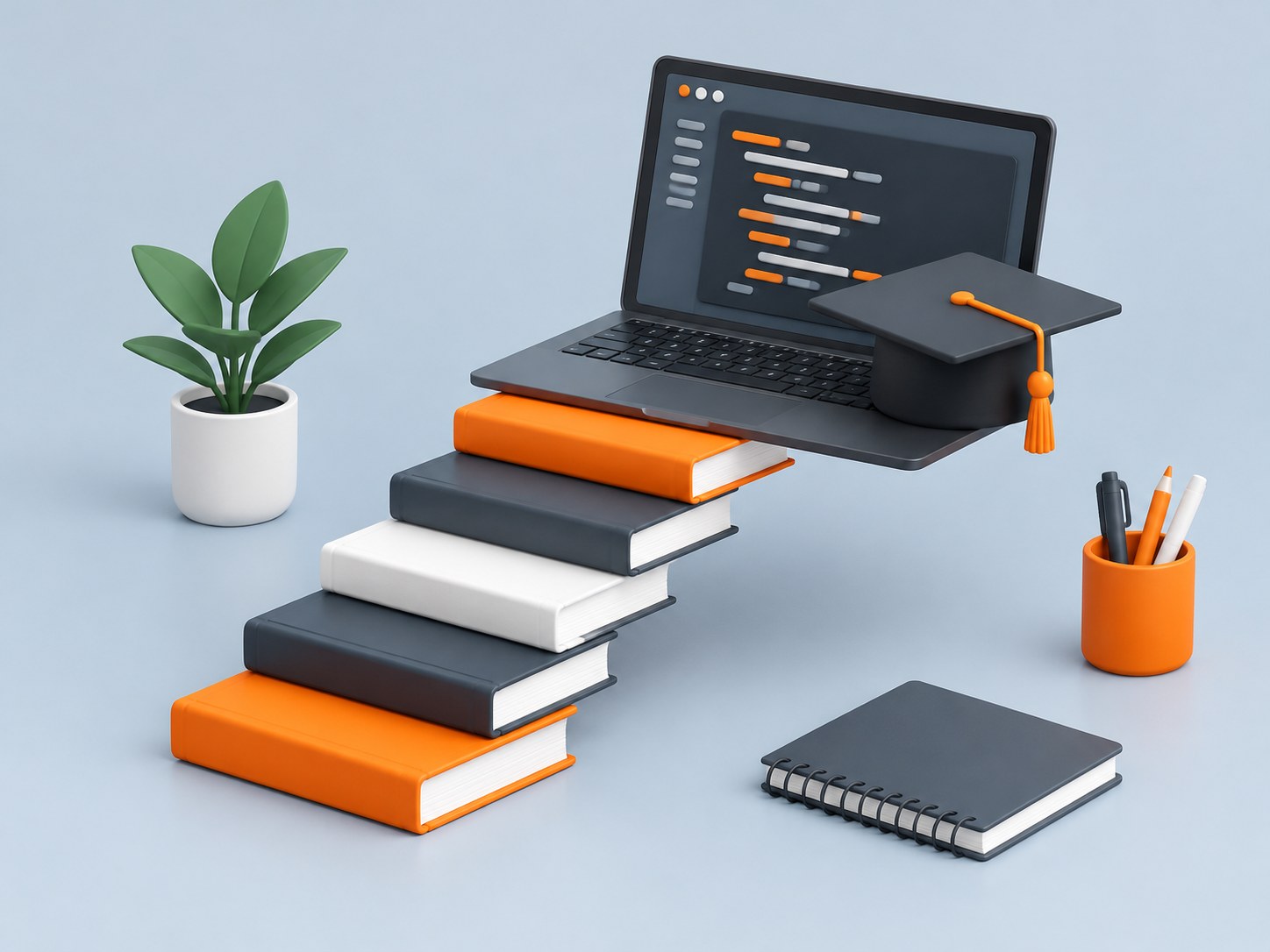 3D illustration of a laptop with a code window and a graduation cap