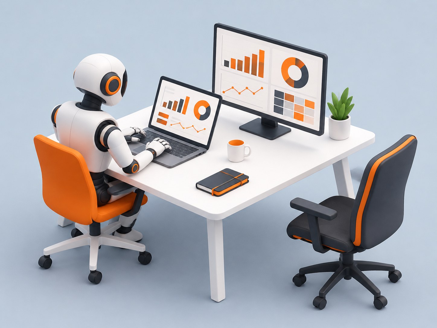 3D illustration of a desk scene about will ai replace data analysts