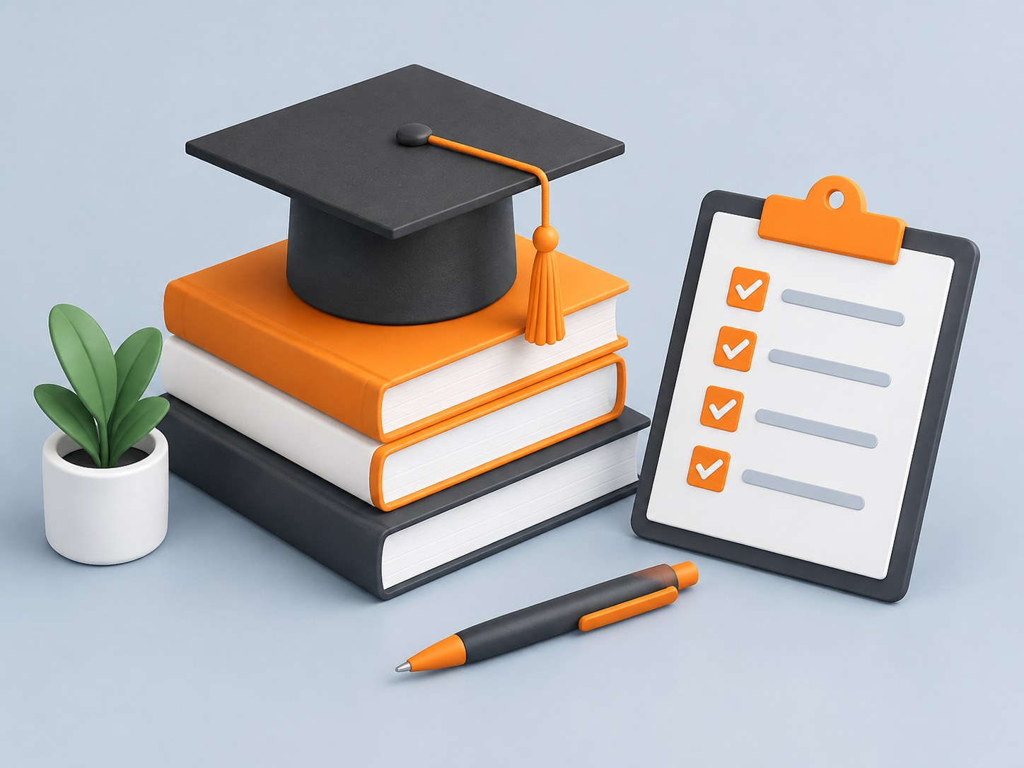 3D illustration of a graduation cap on stacked books with a checklist clipboard